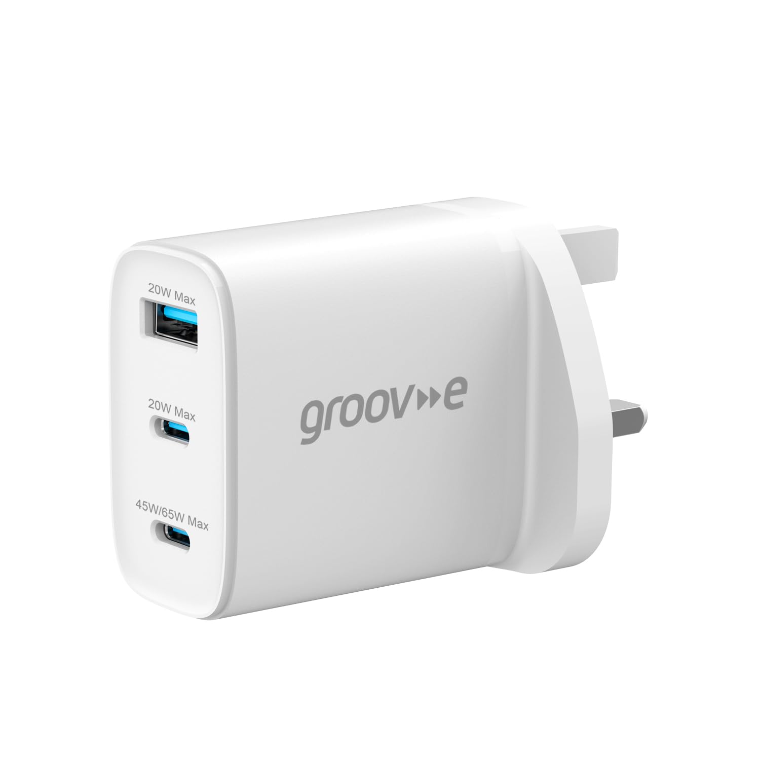 Groov-e GaN USB Wall Charger 65W - 3-Port Fast-Charge Adaptor with 2x USB-C Power Delivery & USB-A for Smartphones, Tablets, and Laptops - White