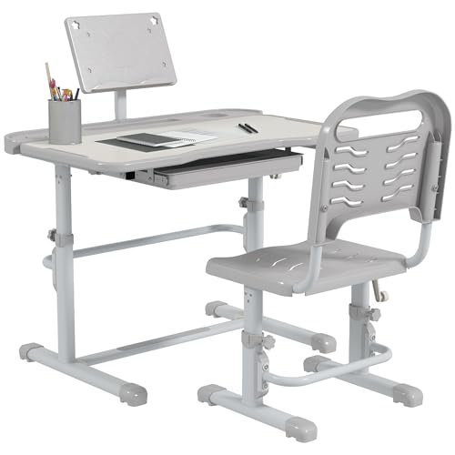 ZONEKIZ Juego de Escritorio y Silla para Niños de 6-12 Años Pupitre Infantil Altura y Ángulo Ajustable con 1 Cajón y 1 Estante para Libros 80x49,5x82-104 cm Gris y Blanco