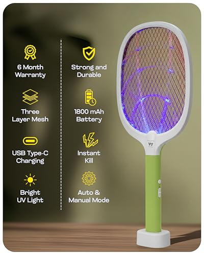 Image of Weird Wolf 2-in-1 Mosquito Killer Racket with UV Light, Base Stand | 1800mAh Lithium Battery | Electric Mosquito Bat with Auto & Manual Mode | Type-C Charging | 6 Months Warranty (Green White)