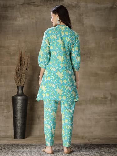 Image of Stylum Women's Printed & Embroidered Cotton Short A-Line Kurti Pant Set