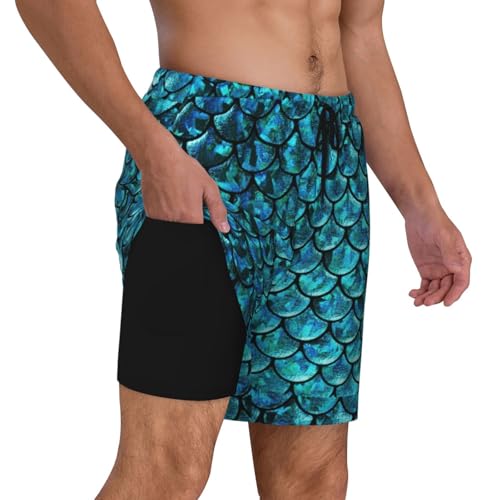 Men's Fish Scale. Print Quick-Dry Mesh Swim Trunks Stretch Lining Beach Shorts Surfing Summer Vacations Black