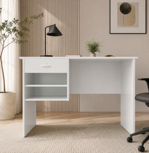 Image of 116x75x56CM Engineered Wood Verto Study & Office Table with Smooth Lockable Drawer and 2 Shelves for Storage | Sturdy DIY Counter, Commercial Table- White