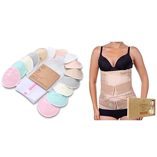 Image of Bamboo Nursing Pads & Postpartum Belly Support Belt Bundle - Post Pregnancy Belly Belt - Breastfeeding Nipple Pads for Maternity - Maternity Essentials for New Mothers