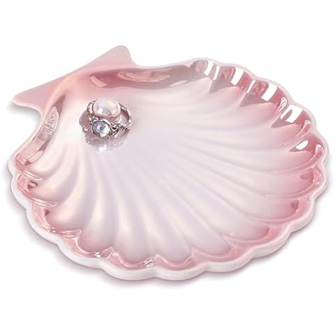AISBUGUR Shell Ring Holder Dish, Shell Jewelry Dish, Seashell Ceramic Ring Holder Jewelry Tray Decorations, Shell Dish for Coastal Room Decor, 5.5", Pink Cover