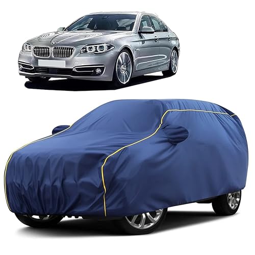 Image of Sulfar 100% Water Resistant Car Body Cover Compatible with Mirror for BMW 520i (Triple Stitched, Full Bottom Elastic, Blue Taffeta with Yellow Piping)