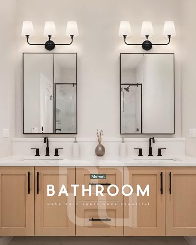 Image of Bathroom Light Fixtures, Matte Black Vanity Lights with Flared White Fabric Shade, 3 Light Wall Sconce, Modern Sconces Wall Lighting for Hallway Bedroom, VL837-MB-3