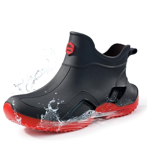 Short rain boots women waterproof deck boots for men ankle fishing boot comfortable garden work shoes lightweight chelsea boot for Boating Camping Sailing black&red