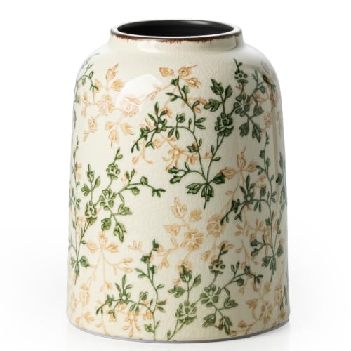 Image of Ceramic Flower Vase | Green Rustic Farmhouse Vase for Home Decor, Vintage Floral Pottery Tuscan Decorative Vase for Living Room & Kitchen, Mantel & Bookshelf, Centerpieces, Entryway, Wedding(7.8 Inch)