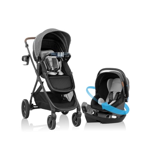 Image of Evenflo Shyft Intuiti+ Travel System Featuring Revolve180 LiteMax™ NXT Rotating Rear-Facing Lightweight Preemie and Infant Car Seat with SensorySoothe 3-30 lbs. (Angler Tweed)