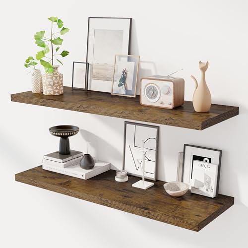 Image of Dreamland 40 inch Floating Shelves for Wall, 12 inch Deep Slim Rustic Brown Floating Shelves, Wall-Mounted Shelves for Bedroom, Living Room, Kitchen, Bathroom - Set of 2