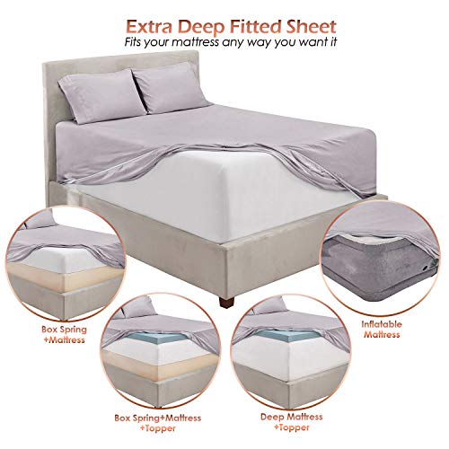 Image of Hearth & Harbor Extra Deep Pocket Split King Sheets - 5 Piece Hotel Luxury Bed Sheets Set Fits Up to 24 inch Mattress - Soft & Breathable Luxury Split King Bed Sheet Set, Split King, Light Gray Lavender