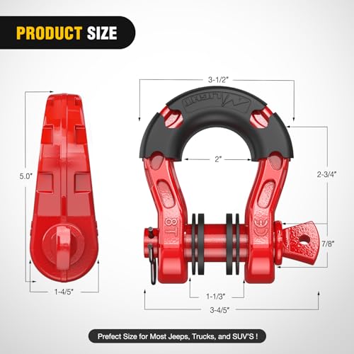 Image of Nilight Heavy Duty Mega D-Ring Shackles(2 Pack) 68,000 lb Break Strength(17,000 lb WLL) w / 7 /8″ Screw Pin & Washers, Forged Steel Off-Road Recovery Shackles for Tow Strap & Winch Gear, Red