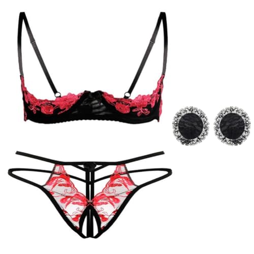 HOTSO Ensemble de lingerie pour femme, sous-vêtements floraux en dentelle en maille, sexy, 2 pièces, avec broderie Demi demi-tasse push-up, ensemble de...