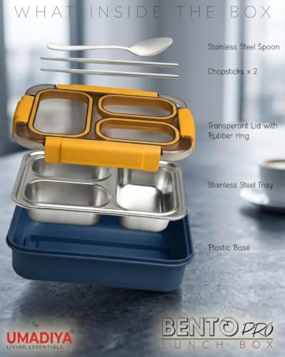 Image of Sanghariyat Bento Pro Lunch Box 710ml, 3 Compartment Stainless Steel Lunch Box with 100% Leak-Proof Silicone Seal, BPA-Free Food-Grade Lunch Container with Spoon & Pair of Chopsticks School Kids Blue