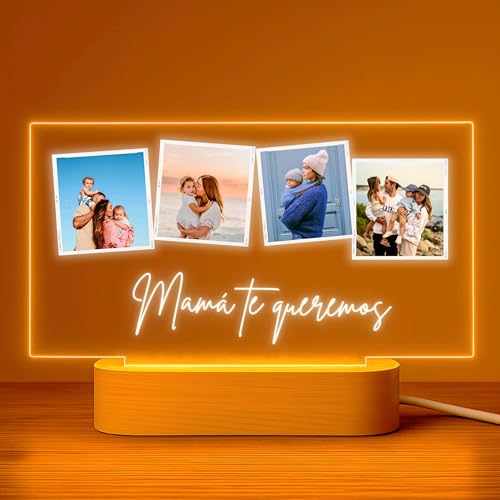 Cristal Plaque - Candeeiro horizontal personalizado mãe com 4 fotos e mensagem Queremos | Placa de metal com luz LED | Base de madeira USB | Presente original para mãe