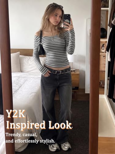Image of Women Off Shoulder Striped Long Sleeve Top 2026 Fall Going Out Tee Shirts