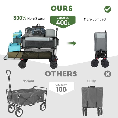 TIMBER RIDGE 400L Large Capacity Folding Double Decker Wagon, 54" Extra Long Extender Wagon Cart, 450lbs Heavy Duty Collapsible Wagon, All-Terrain Big Wheels for Camping, Sports, Shopping, Gray - Image 5