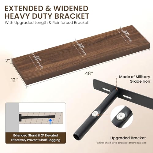 Image of Dreamland 48 inch Floating Shelves for Wall, 12 inch Deep Thicker Walnut Floating Shelves, Wall-Mounted Shelves for Bedroom, Living Room, Kitchen, Bathroom - Set of 2