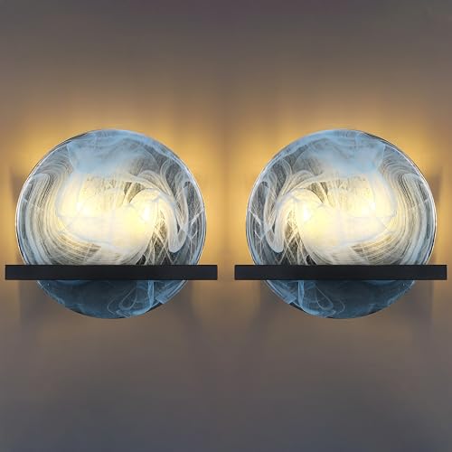 Image of 10 inch Round Blue Glass Bathroom Wall Sconce Concise Style 2 Pack 2 Light Wall Light Fixture,Black Finish for Bedroom Hallway Bedside Living Room