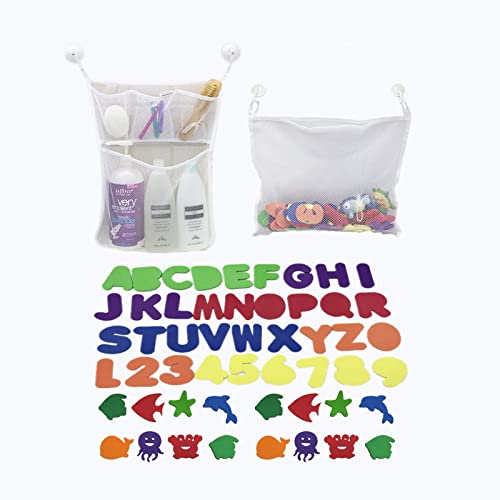 2 x organizer na zabawki do kąpieli + 36 liter i cyfr (A-Z, 0-9) – organizer na zabawki dla małych dzieci z siatką dla niemowląt i chłopców i dziewczynek i do łazienki Boni: 6 bardzo mocnych haczyków z przyssawką