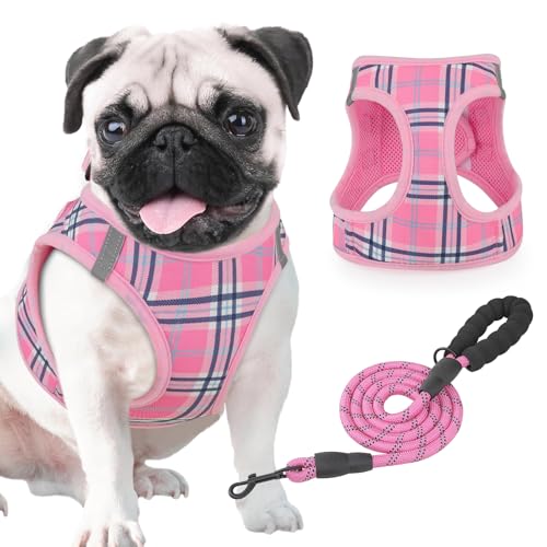 Magshion No Pull Dog Harness and Leash Set for Large Dogs, Heavy Duty 5ft Leash, Padded Pet Vest with Adjustable Velcro & Reflective Strips for Walking, Running, Training in Night, Pink, L