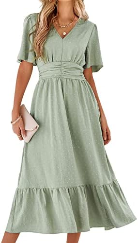 BebreezChic Sommerkleid Damen Lang Boho Elegant Kurzarm V-Ausschnitt Hohe Taille Swiss Dot Gerafft Blumen Strandkleid Maxikleid