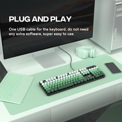 Image of MOFII Computer Keyboard Wired,Round Key Retro Typewriter Keyboard Full Size | USB Plug and Play, for Laptop, PC, Desktop, Windows (Black Green Gradient Color)