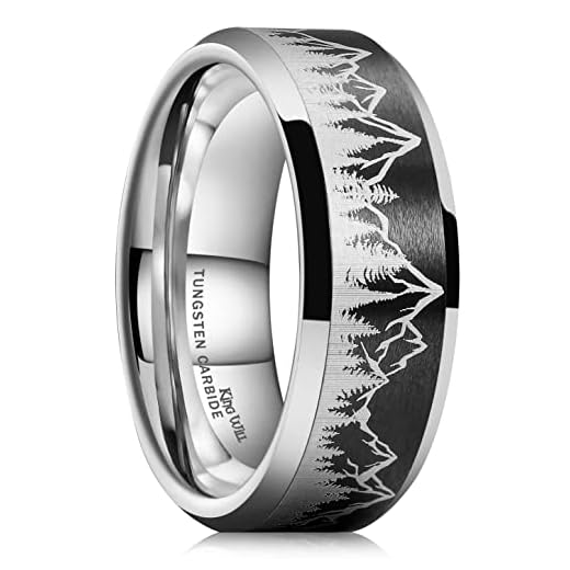 King Will 8mm Silver Black Mens Tungsten Wedding Ring Lasered Forest Landscap Pattern Mountains Trees Matte Finish Wedding Band Beveled Polished Edge 9