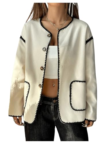 MakeMeChic Women's Button Down Long Sleeve Wool Coat Crewneck Jackets