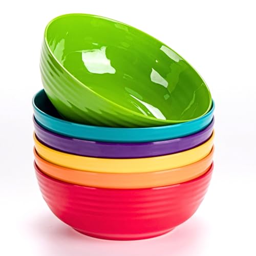 MIYOPESI 7-Inch Multicolor Melamine Bowls (Set of 6) - Unbreakable and Reusable Plastic Dinnerware with Ceramic Feel, Stackable and Dishwasher-Safe - Versatile for All Meals-Multi-color