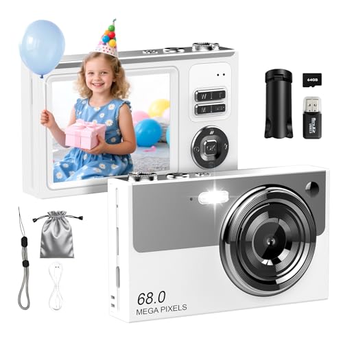 Image of Digital Camera for Kids & Beginners 64GB SD Point and Shoot Digital Cameras | Compact pink digital camera & vlogging camera for kids. Durable drop-resistant design with tripod & 16X zoom for travel.