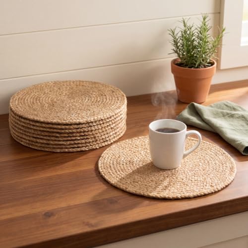 Image of Eco Crave Natural Jute Placemats Set of 10, Round Woven Table Mats, 13 Inch Rattan Charger Plates for Dinner, Boho Farmhouse Braided Place Mats