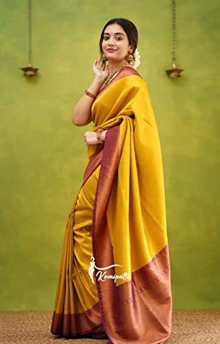 Image of Flosive Women's Present Banarasi Soft Lichi Silk Saree Beautiful Jacquard Rich Pallu Design Work Zari Woven Kanjivaram Silk Style Saree With Soft Lichi Silk Blouse Piece Ayn Royal Mix (Yellow).