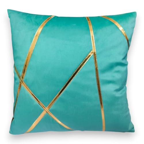 Image of Zikrak Besur Gold Stripe On Velvet|Pack of 5 Cushion Cover|for Home Decoration|Living Room Decor|Hotel Premeuim Qulaity Cushion Cover|Exclusive ON Amazon (Aqua, 18 X 18 INCH(45 X 45 CM))