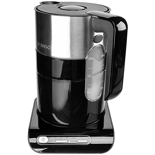 Bosch Hausgeräte TWK8613 Styline - Bollitore elettrico in plastica con inserti in acciaio INOX, 1,5 l, 2000-2400 Watt max), colore: Nero/Argento