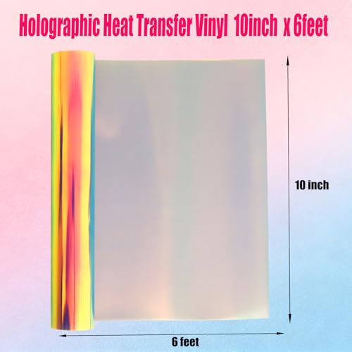 Image of Holographic Vinyl Rolls Holographic HTV Vinyl Rainbow Heat Transfer Vinyl 10 Inch x 6 Feet Iron on Vinyl for T-Shirts DIY Design, Silhouette Cameo & Heat Press Machine
