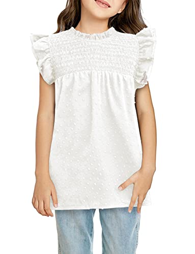 Flypigs Girls Short Cap Sleeve Shirts Keyhole Back Tops Pleated Crewneck Chiffon Swiss Dot Blouse Dressy Tunic White 11-12 Years #TOP5