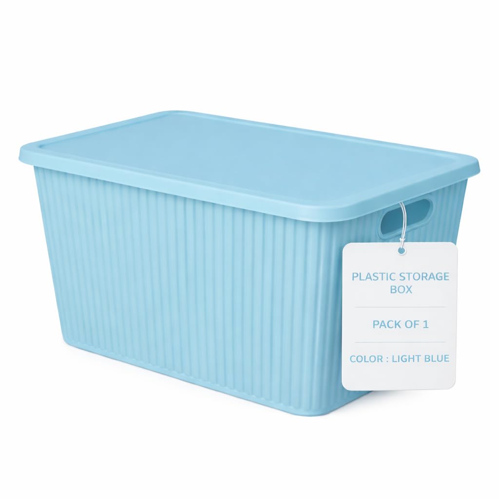 HOMENU Plastic Storage Box with Lid – Large Stackable Organizer Storage Box for Clothes, Toys, Kitchen – Big Size Plastic Storage Container Basket for Home, Office, Bathroom(Large,Pack of 1,Blue)