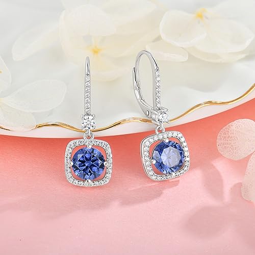 Square Shaped Dangle Drop Earrings for Women, 925 Sterling Silver 5A Cubic Zirconia Leveback Ruond Birthstone Earrings for Hypoallergenic Jewelry Gifts for Her3