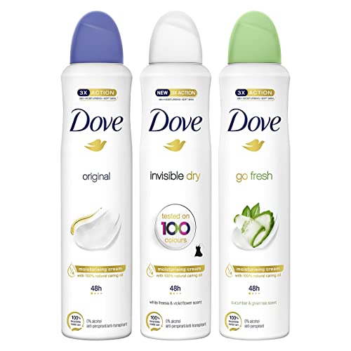Dove Pack Desodorante Aerosol 48h Original, Invisible Antimanchas y Pepino Té Verde, Spray Sin Alcohol para Mujer, con Aceite Nutritivo 100% Natural y 1/4 de Crema Hidratante, Pack de 3 x 250 ml