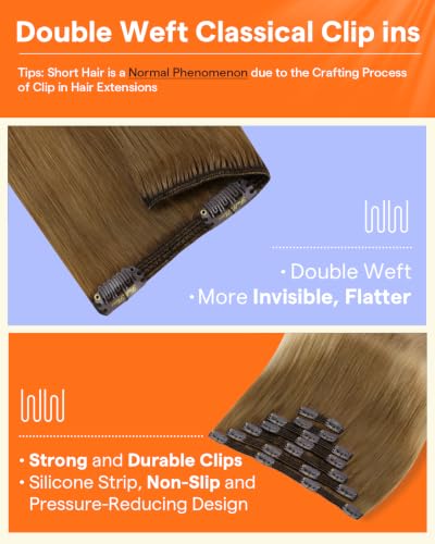 Image of Full Shine Human Hair Extensions Clip ins, Balayage Blonde, 22 Inch | Human Hair Clip in Extensions, Golden Brown Ombre, Remy Hair Extensions, for Fine Hair, for Dinner Outfit, 7 Pcs 120g