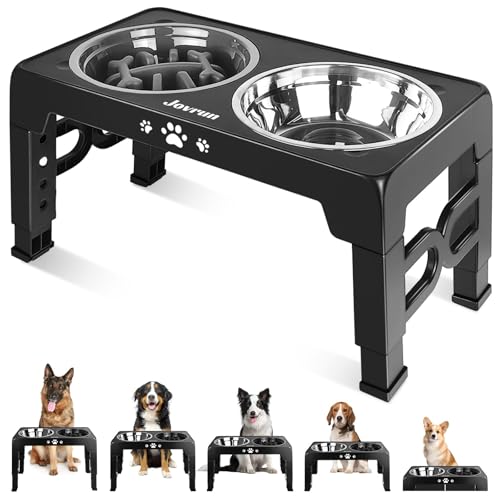 Jovrun Elevated Dog Bowls, Dog Feeder with Stainless Steel Dishes & Slow Feeder Bowl, 5 Heights Adjustable Raised Stand for Medium Large, Food Dishes with Non-Slip Feet