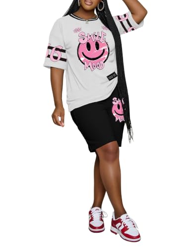 PINSV 2 Piece Sets for Women Summer Casual Short Sleeve Top and Short Workout Jogger Sets FSXL L