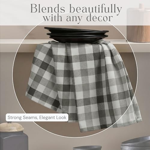 Image of Checked Kitchen Towels 4 Pack, 18x26 Inches, Absorbent Dish Cloths, Reusable and Washable Tea Towels for Drying and Cleaning, Quick Dry Wash Rags - Light & Grey, Natural