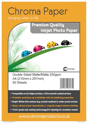 Chroma Products A4 Premium Inkjet Photo Paper, Double Sided Matte, 250gsm Craft Card Making - 50 Sheets
