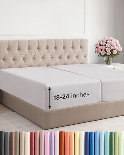Image of Extra Deep Split King Fitted Sheet - Single Fitted Sheet Only - French Grey | Easily Fits 18 inch to 24 inch Mattress, Soft, Wrinkle Free, Breathable & Comfy, Extra Deep Pockets Hotel Luxury Fitted Sheet