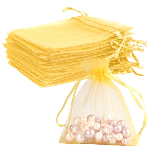 Image of Gold Organza Bags - 50Pcs, Sheer 3 x 4 inch Jewelry & Party Favor Bags with Drawstring, Mini Mesh Gift Pouches for Wedding & Christmas