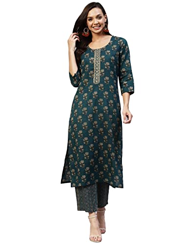 Image of GoSriKi Women's Cotton Blend Printed Straight Kurta With Pant