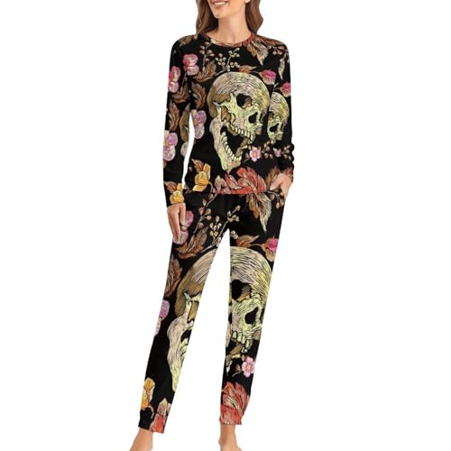 Pyjama femme roses crânes t-shirt manches longues pantalon sleepwear