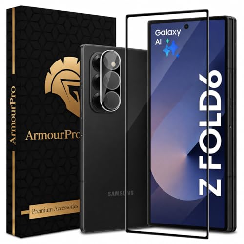 Image of ArmourPro Tempered Glass and Black Camera Lens Protector for Samsung Galaxy Z Fold 6, Edge to Edge Screen Guard, Anti-Bubble, Scratch Resistant, HD Clear, Anti-Fingerprint, Installation Kit | Black